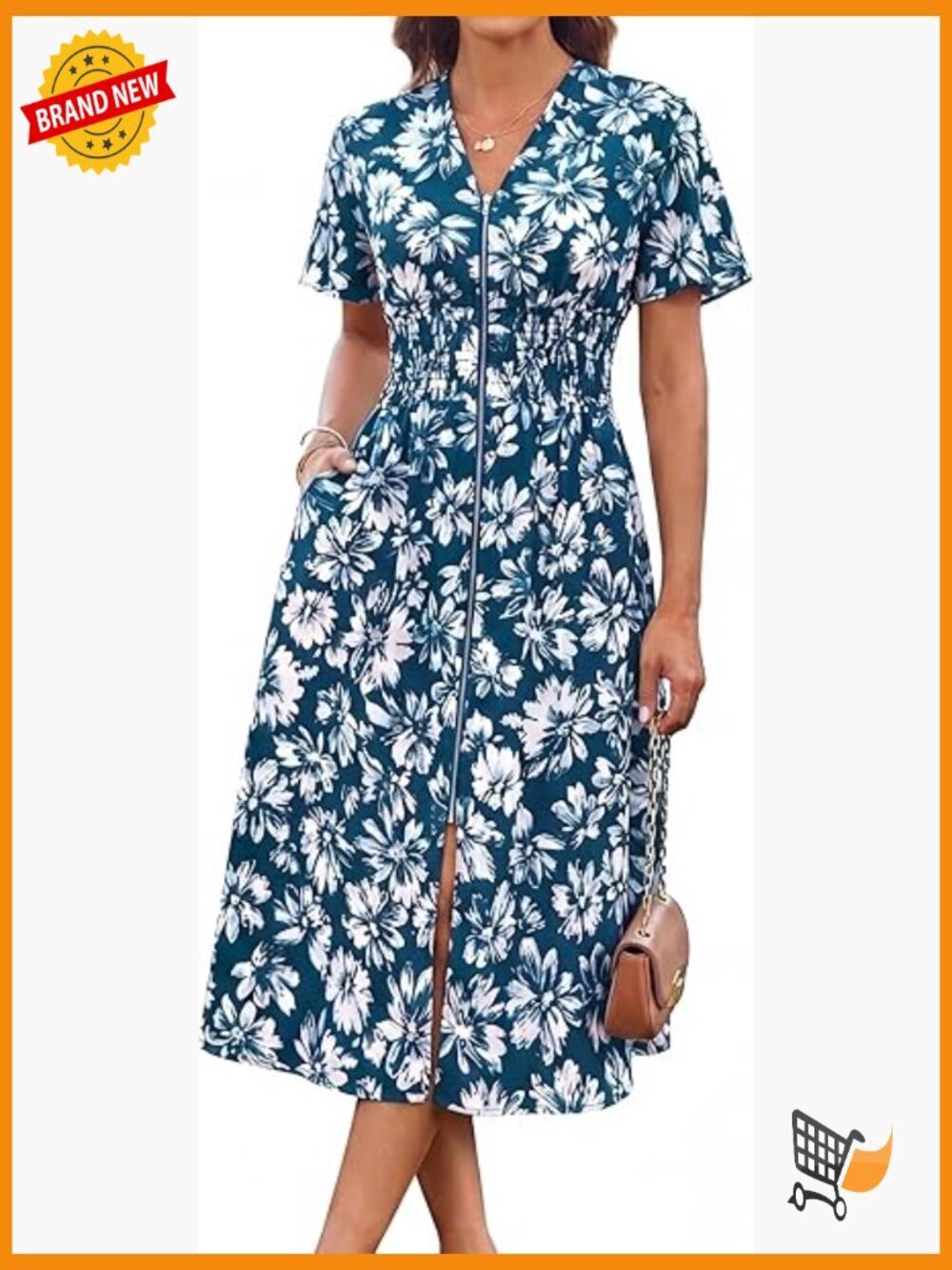 Maxi Floral Dress with Pockets Smocked Waist V-Neck Short Sleeve Zipper